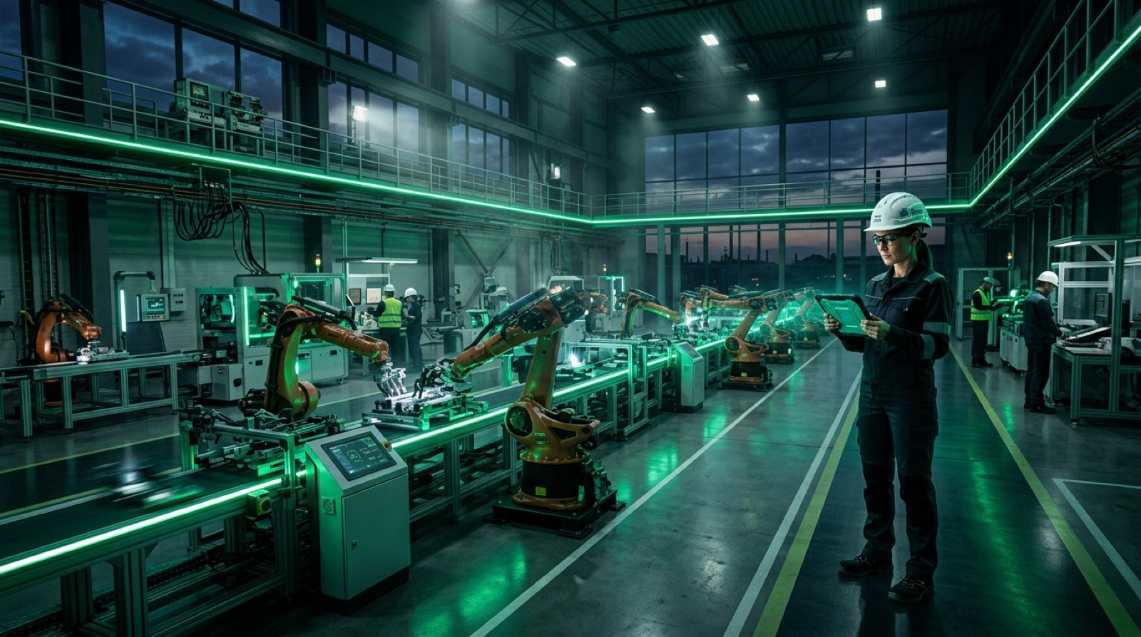 Engineer monitoring a robotic smart factory production line